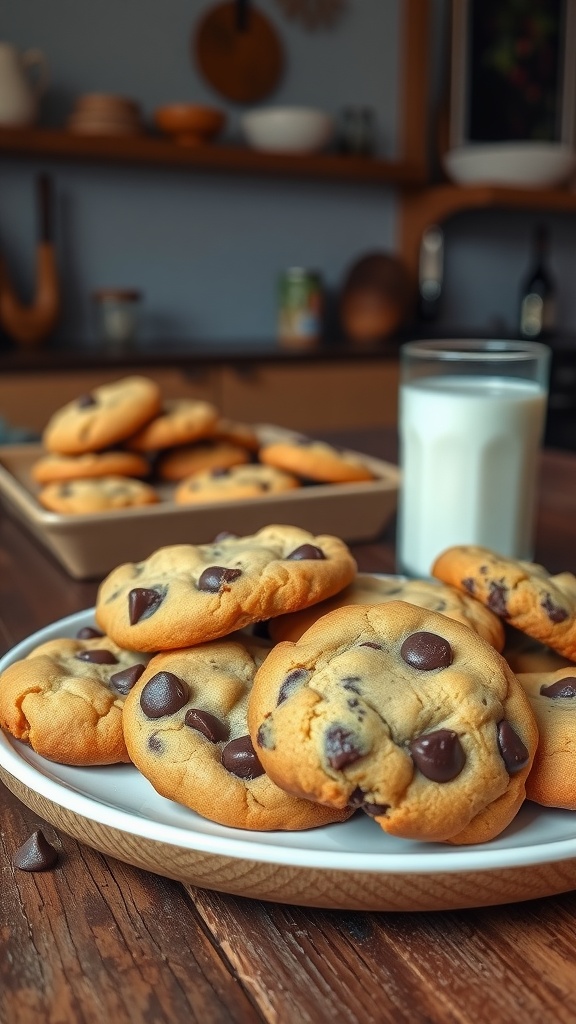 A plate of warm chocolate chip cookies with a glass of milk on a rustic wooden table.